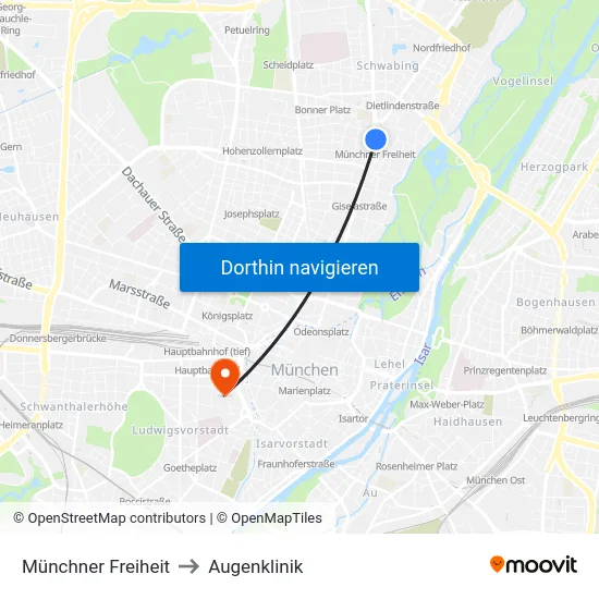 Münchner Freiheit to Augenklinik map
