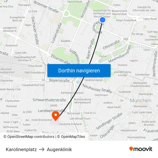 Karolinenplatz to Augenklinik map