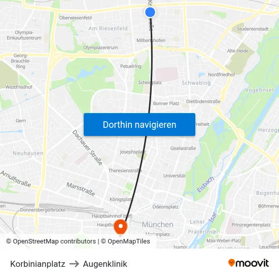Korbinianplatz to Augenklinik map