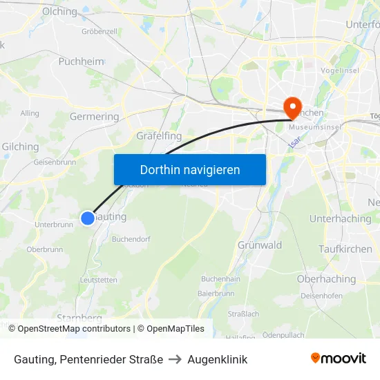 Gauting, Pentenrieder Straße to Augenklinik map