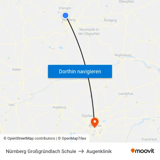 Nürnberg Großgründlach Schule to Augenklinik map