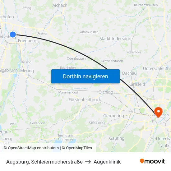 Augsburg, Schleiermacherstraße to Augenklinik map