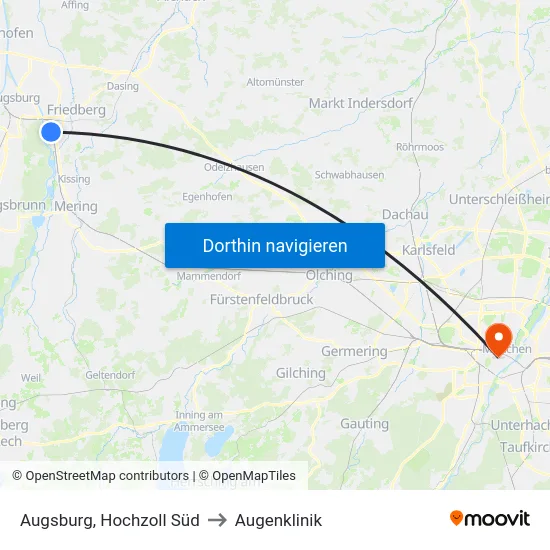 Augsburg, Hochzoll Süd to Augenklinik map