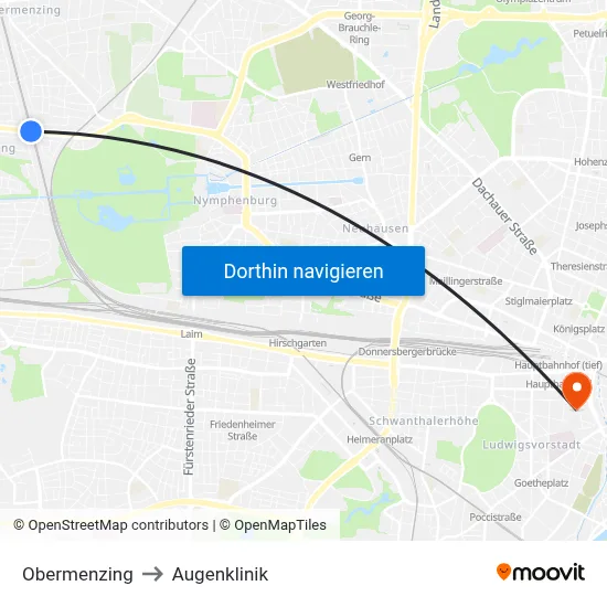 Obermenzing to Augenklinik map