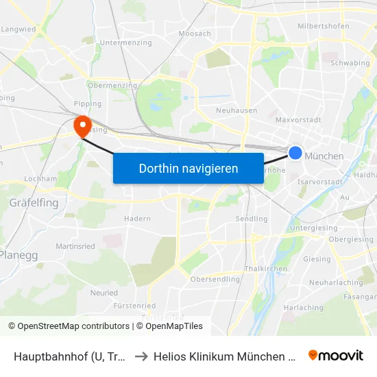 Hauptbahnhof (U, Tram) to Helios Klinikum München West map