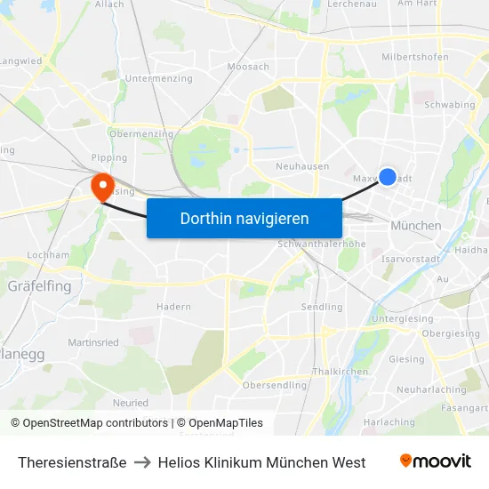 Theresienstraße to Helios Klinikum München West map