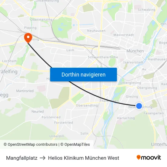 Mangfallplatz to Helios Klinikum München West map