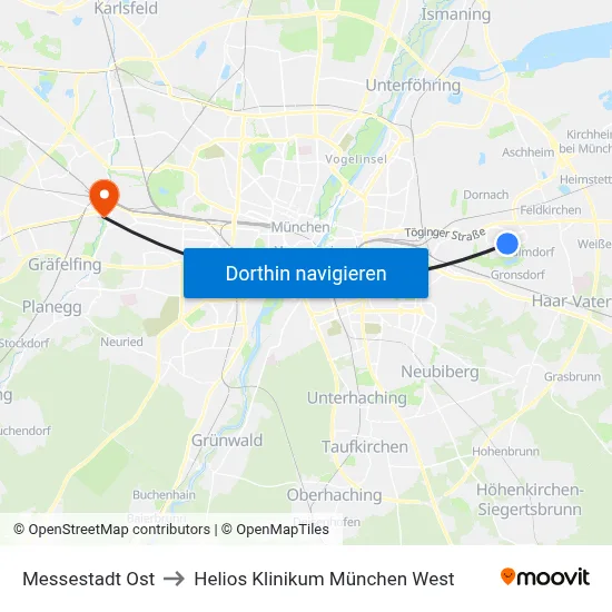 Messestadt Ost to Helios Klinikum München West map