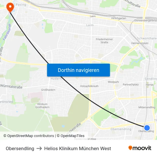 Obersendling to Helios Klinikum München West map