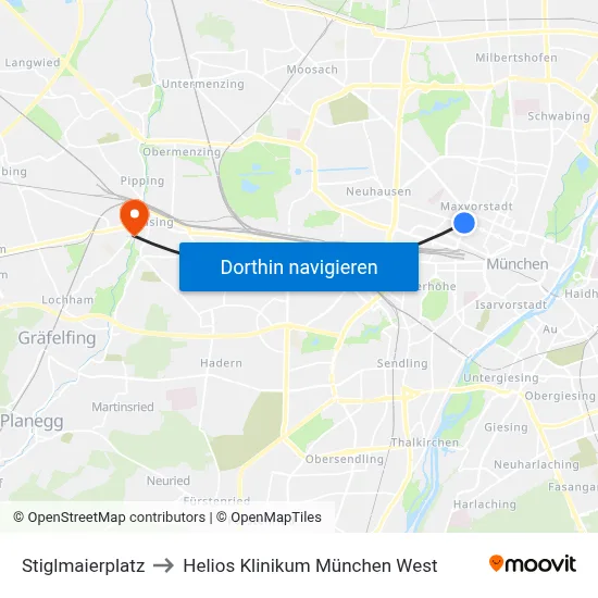 Stiglmaierplatz to Helios Klinikum München West map
