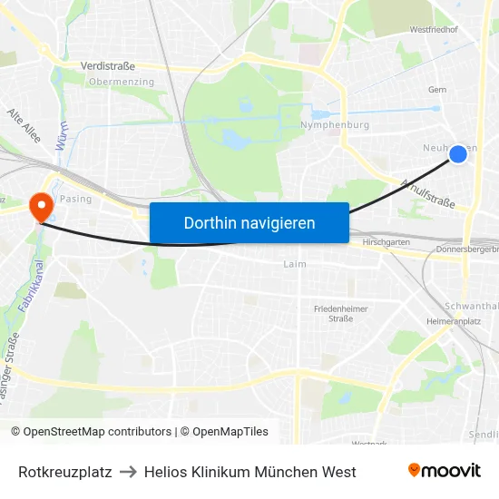 Rotkreuzplatz to Helios Klinikum München West map