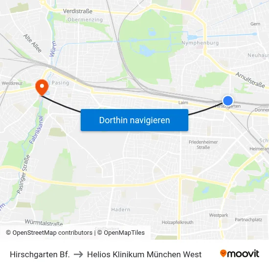 Hirschgarten Bf. to Helios Klinikum München West map