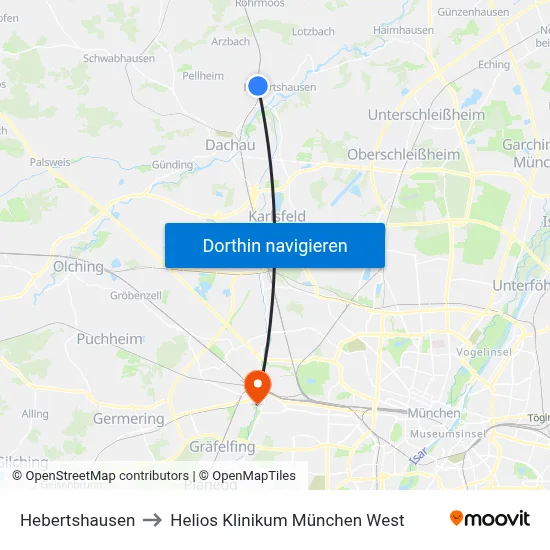 Hebertshausen to Helios Klinikum München West map
