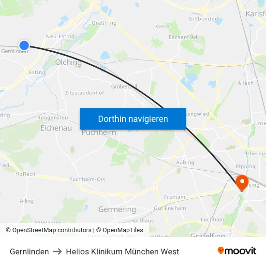 Gernlinden to Helios Klinikum München West map