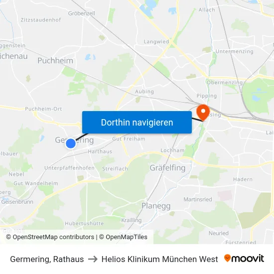 Germering, Rathaus to Helios Klinikum München West map