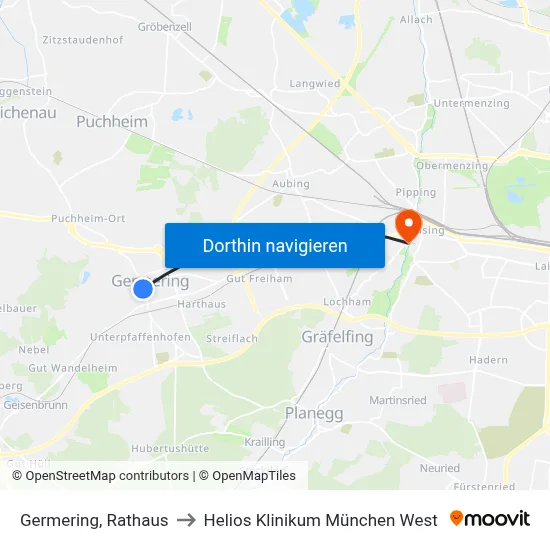 Germering, Rathaus to Helios Klinikum München West map