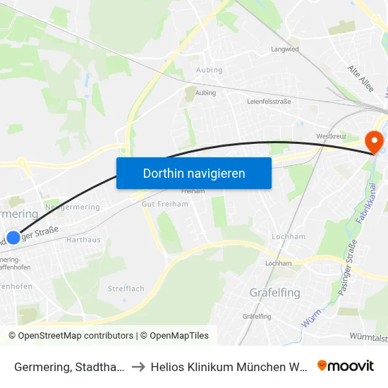 Germering, Stadthalle to Helios Klinikum München West map