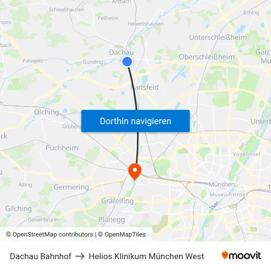 Dachau Bahnhof to Helios Klinikum München West map