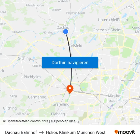 Dachau Bahnhof to Helios Klinikum München West map
