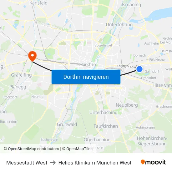Messestadt West to Helios Klinikum München West map