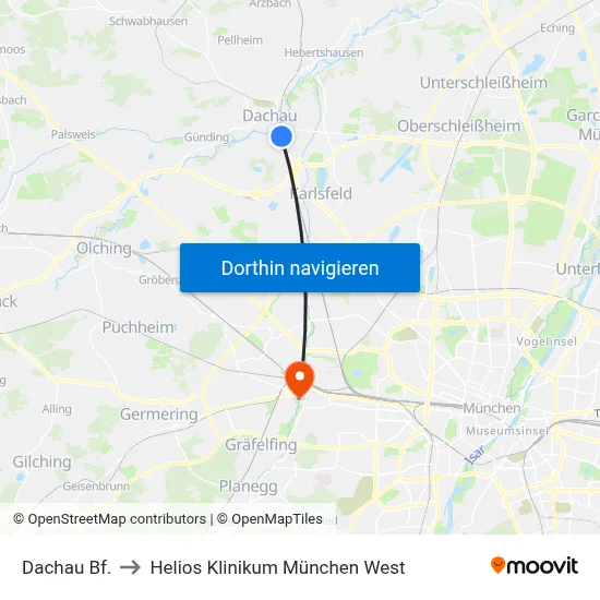 Dachau Bf. to Helios Klinikum München West map