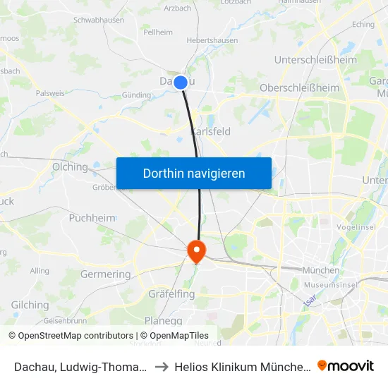 Dachau, Ludwig-Thoma-Straße to Helios Klinikum München West map