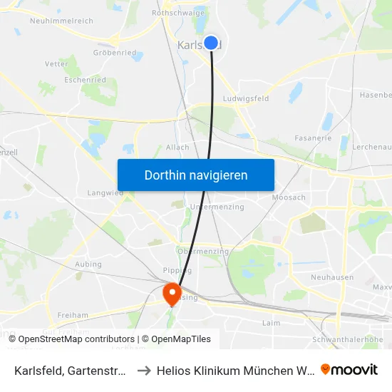 Karlsfeld, Gartenstraße to Helios Klinikum München West map