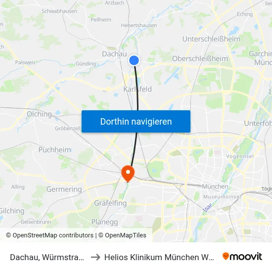 Dachau, Würmstraße to Helios Klinikum München West map