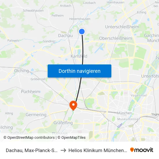 Dachau, Max-Planck-Straße to Helios Klinikum München West map