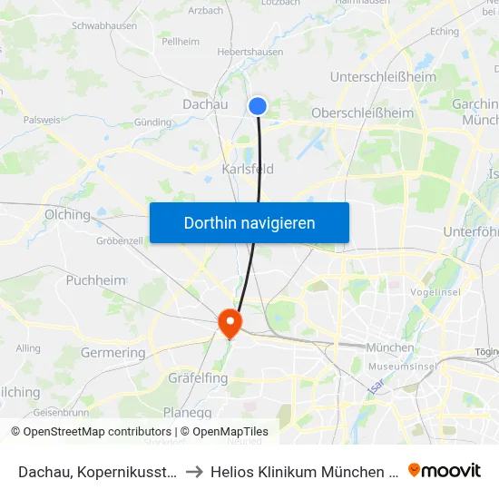 Dachau, Kopernikusstraße to Helios Klinikum München West map