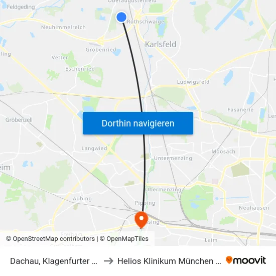 Dachau, Klagenfurter Platz to Helios Klinikum München West map
