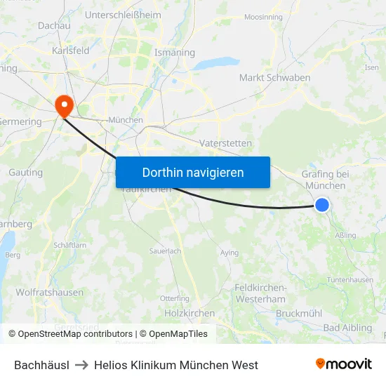 Bachhäusl to Helios Klinikum München West map