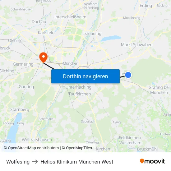 Wolfesing to Helios Klinikum München West map