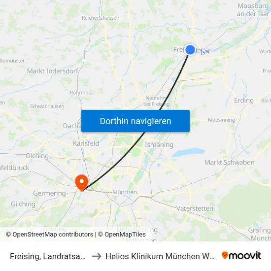 Freising, Landratsamt to Helios Klinikum München West map