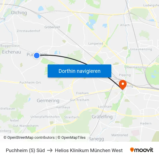 Puchheim (S) Süd to Helios Klinikum München West map