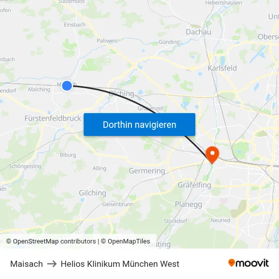 Maisach to Helios Klinikum München West map