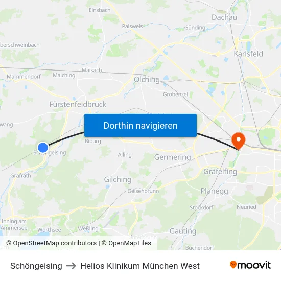 Schöngeising to Helios Klinikum München West map