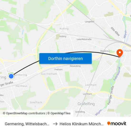 Germering, Wittelsbacherstraße to Helios Klinikum München West map