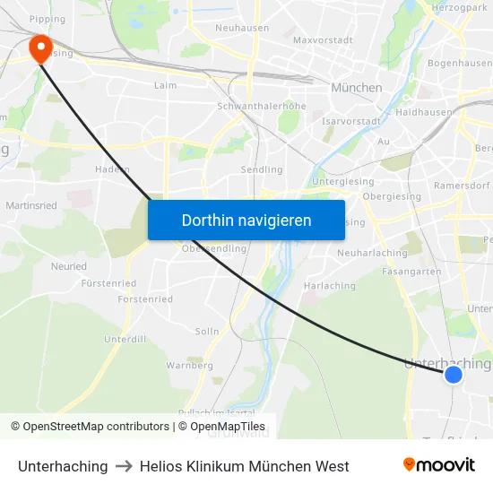 Unterhaching to Helios Klinikum München West map