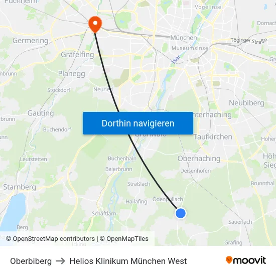 Oberbiberg to Helios Klinikum München West map