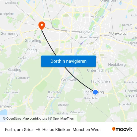 Furth, am Gries to Helios Klinikum München West map