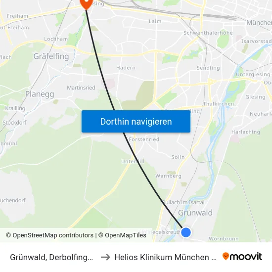Grünwald, Derbolfinger Pl. to Helios Klinikum München West map