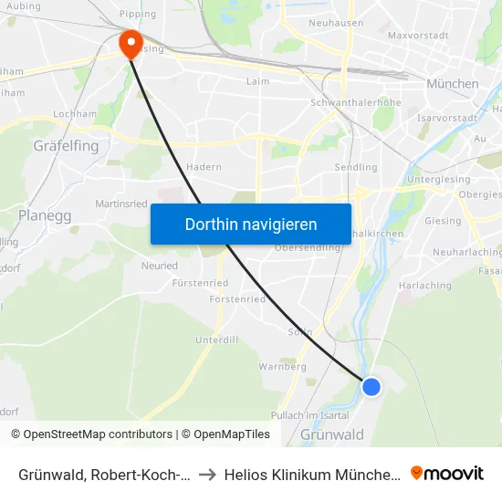 Grünwald, Robert-Koch-Straße to Helios Klinikum München West map