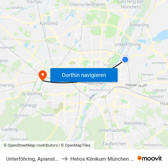 Unterföhring, Apianstraße to Helios Klinikum München West map