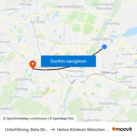 Unterföhring, Beta-Straße to Helios Klinikum München West map