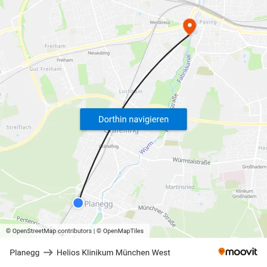 Planegg to Helios Klinikum München West map
