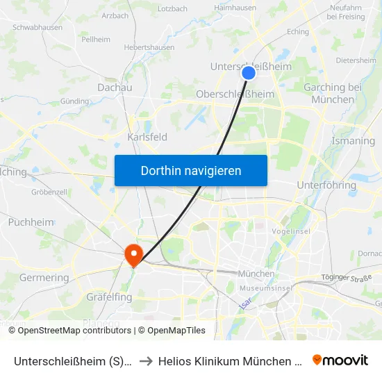 Unterschleißheim (S) Ost to Helios Klinikum München West map