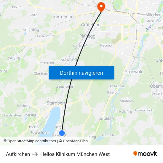 Aufkirchen to Helios Klinikum München West map