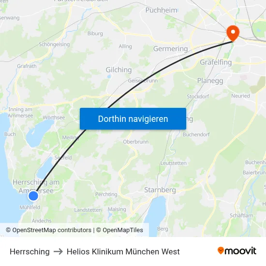 Herrsching to Helios Klinikum München West map