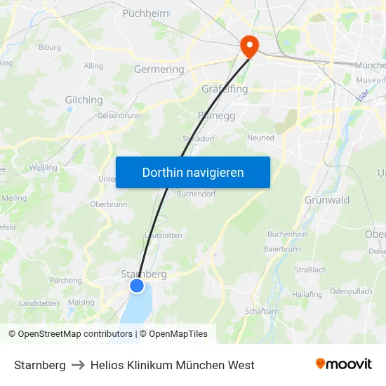 Starnberg to Helios Klinikum München West map